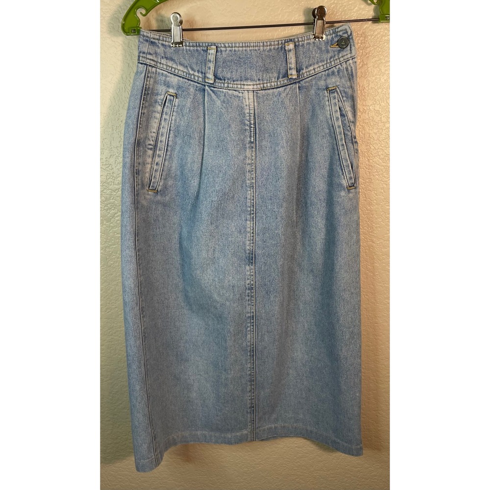 Lizwear Womens 4 Denim Skirt Light Wash Pleated High Waist Midi Casual Vintage